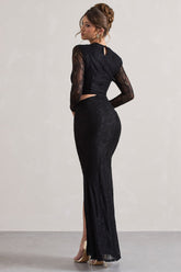 Black Lace Asymmetric Cut-Out Draped Maxi Dress